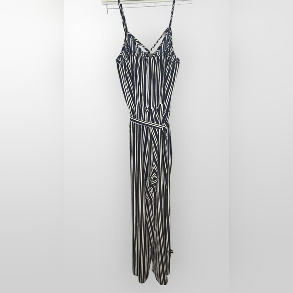 See You Monday Navy & White Striped Wide-Leg Jumpsuit – Size Large - Picture 2 of 5